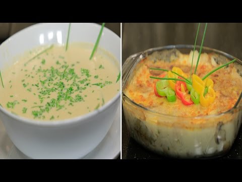 بالفيديو طريقة عمل دجاج بالبشاميل وشوربة بطاطس  ومدفونة سمك