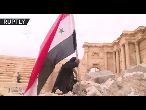 بالفيديو  لحظة رفع العلم السوري في مدينة تدمر الأثرية