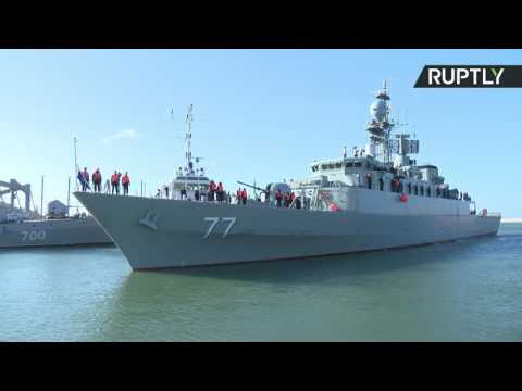 بالفيديو سفن البحرية الإيرانية تصل إلى ميناء محج قلعة التابع إلى الأسطول الروسي