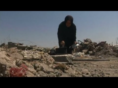حشد من العراقيين يتخاطفون قطع اللحوم من شاحنة للإمدادات في الموصل