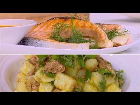 سلمون ستيك بصوص الزنجبيل  سلطة بطاطس بالتونة