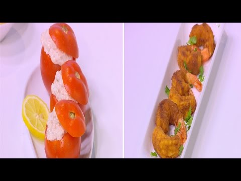 طريقة عمل جمبري مقلي بصوص العسل و المستردة  سلطة طماطم محشية تونة