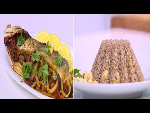 طريقة عمل سمك قاروص محشي جمبري  أرز بالمكسرات