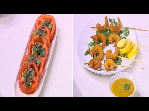 طريقة عمل جمبري مقلي بصوص العسل و المستردة وسلطة طماطم