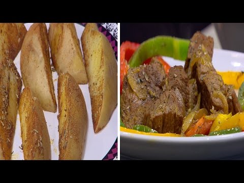 طريقة عمل طاجن لحم بالفلفل الألوان وسلطة بصل بالطحينة