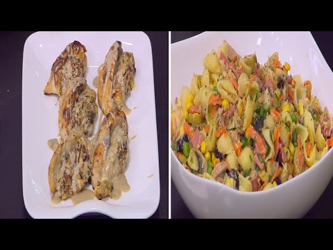 صدور الدجاج باللحمة الباردة  سلطة مكرونة  خبز بالثوم و الزبدة